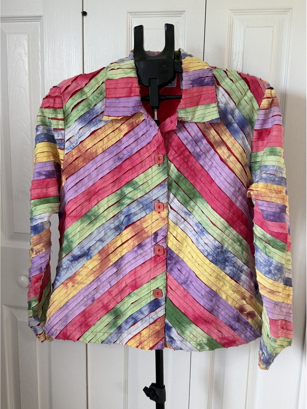 Keren Hart Jacket Womens M Multicolor Rainbow Stripe Pleated Button Lined Cotton